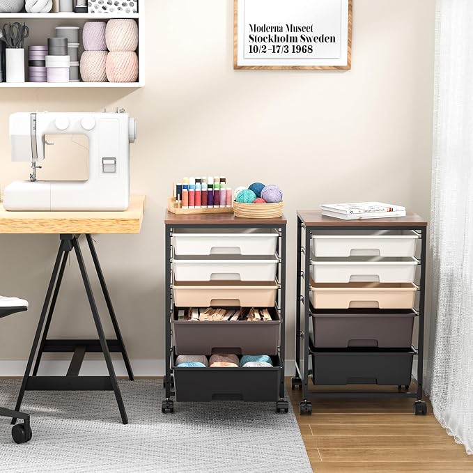SYKIARIOL Utility Cart with 5 Drawers,Storage Drawer Cart with Wooden Tabletop and Lockable Wheels,Craft Storage Trolley Cart,5-Tier Rolling Utility Cart on Wheels,Dark Brown