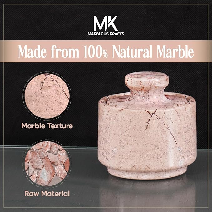 MARBLOUS KRAFTS Marble Salt Cellar 3 Inch Salt Holder With Lid for Spice Jar & Stone Salt Container, Modern Sugar Bowl (Marinara)