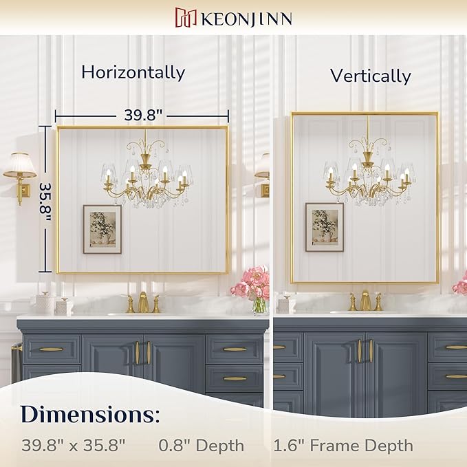Keonjinn Brushed Gold Bathroom Mirror 42 x 36 Inch Metal Frame Rectangular Large Wall Mirror for Bathroom Sink Gold Vanity Mirror for Over Sink Aluminum Alloy Rectangle Mirror(Horizontal/Vertical)