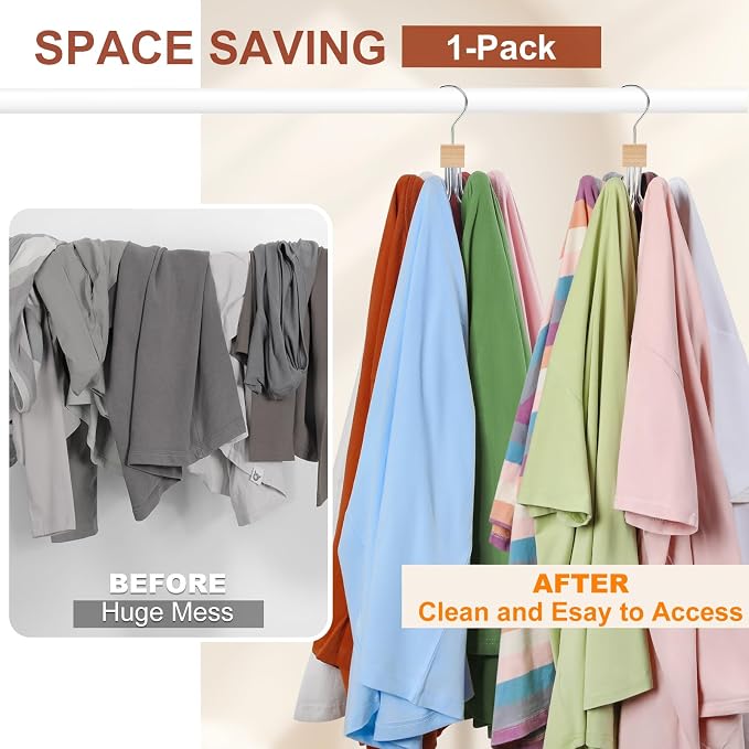 TOPIA HANGER Hoodie Hangers with 6 Wood Balls, Purse Hanger, Scarf Hanger, Wooden Closet Hooks, Handbag Organizer, Bra Hanger, Accessory Organizers for Scarf, Tanktop, Hat, Sweatshirt CT81N