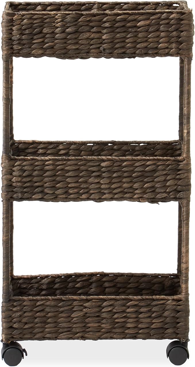 Casafield 3-Tier Slim Rolling Storage Cart - Espresso Dark Brown, Water Hyacinth Utility Cart for Bathroom, Craft Room, Nursery, Laundry Room Organization