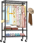 Golpart Heavy Duty Rolling Clothes Rack Wheels Portable Metal Garment Rack | Wardrobe Adjustable Wire Shelving Metal Double Clothing Racks for Hanging Clothes Organizer Closet Laundry Room Organization