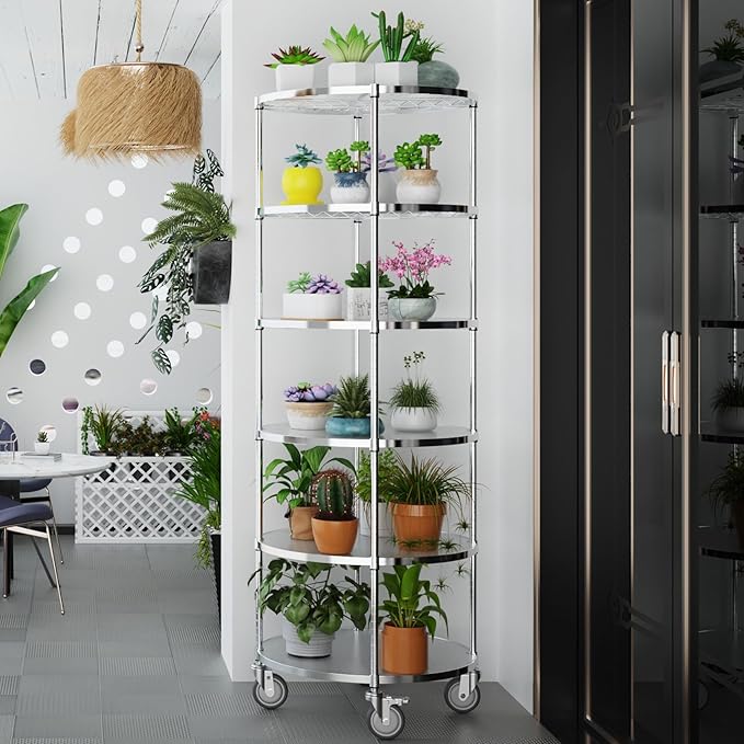 6 Tier NSF Metal Shelf Round Corner Wire Shelving Unit, 2400lbs Capacity Heavy Duty Adjustable Storage Rack with Shelf Liners for Kitchen Garage Office Etc Room Corner, 85.5"H x 30"L x 30"D - Chrome
