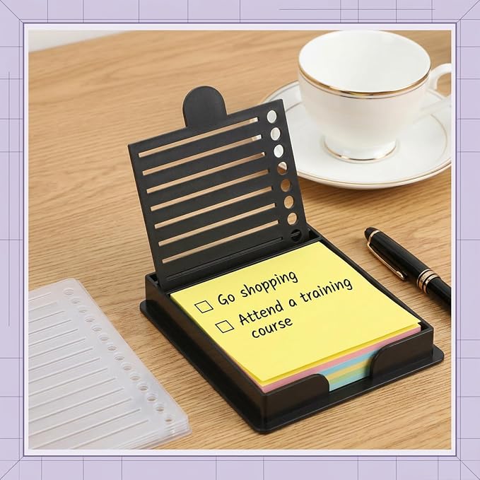 Sticky Note Holder with 5 Interchangeable Stencils, 3x3 Inch Sticky Note Stencil, Reusable Notes Organizer Case, Desk Versatile Notes Dispenser for Office Desk Home Organization Planning List