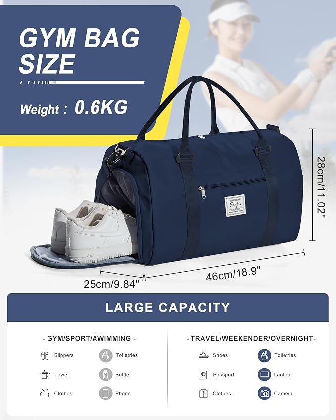 Gym Bag Womens Mens with Shoes Compartment and Wet Pocket Travel Duffel Bag for Women for Plane Sport Gym Tote Bags with Toiletry Bag Waterproof Weekend Overnight Carry on Bag Hospital Holdalls