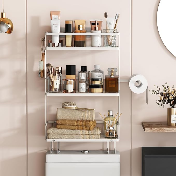 Godboat 3-Tier Over Toilet Storage Shelf, Wall-Mount with 2 Hook/Paper Rack | Bathroom Organizers and Storage Cabinet, Behind/Above/On/Top/Back Tank Shelves, Decor for Bathroom/Restroom/Kitchen/Bedroom