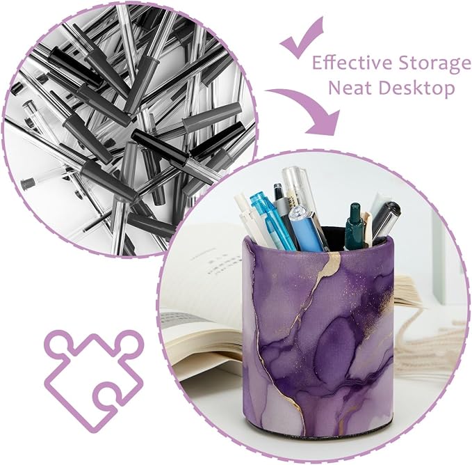 Faux Leather Pen Holder for Desk, Pencil Organizer Purple Marble Pen Cup Desk Decor Makeup Brush Holder Storage for Office Home