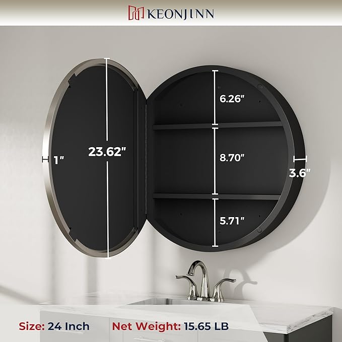 Keonjinn 24" x 24" Round Medicine Cabinet Mirror, Brushed Nickel Mirror Medicine Cabinet Wall Mounted, Circular Medicine Cabinets with Mirrors, Circle Framed Vanity Mirror with Storage