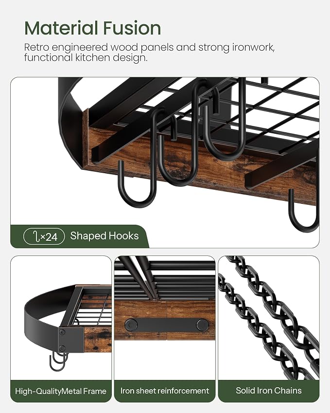 CHOEZON Hanging Pot Rack, Pot Hanger for Kitchen, Ceiling Mounted Pot Holder, Cookware Organizer with 24 S-Shaped Hooks, for Pot, Pan Storage, Space-Saving, Rustic Brown and Black TPR28BF
