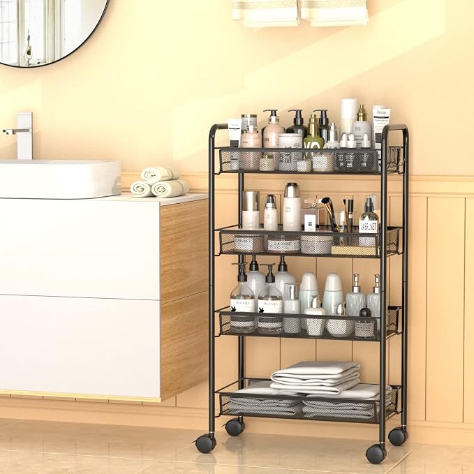 4-Tier Mesh Rolling Cart - 35 BLS/Tier Full Metal Cart with Wheel & 4 Hooks | Space-Saving 140bls Capacity Storage Organizer Crafts Utility Cart for Kitchen Pantry Office Bathroom Laundry Nursery, Black