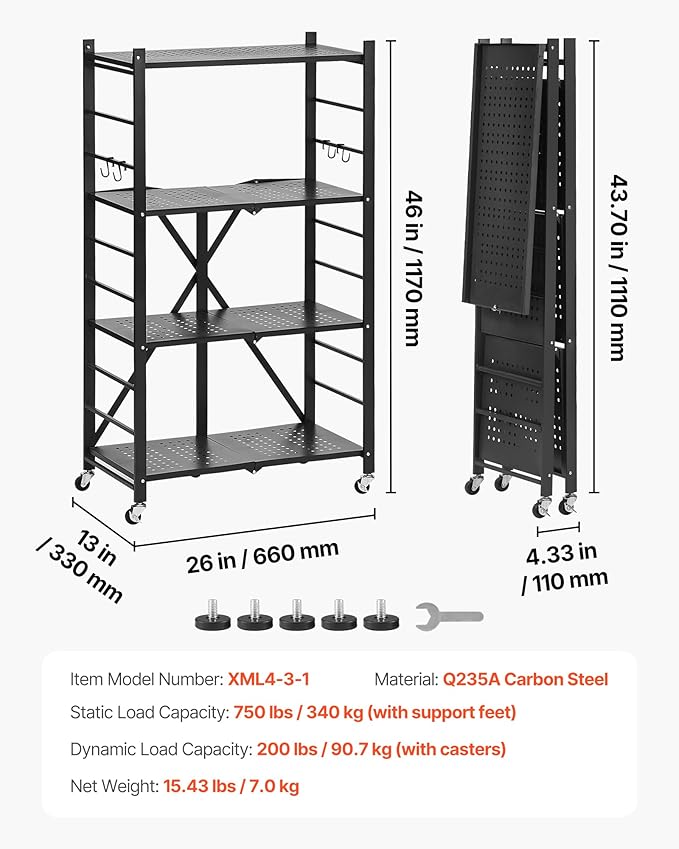 VEVOR 4-Tier Foldable Storage Shelf, 26W x 13D x 46H Inch Folding Metal Rack Shelving Unit, No Assembly Organizer Shelf with 5 Wheels & 4 Hooks for Pantry, Kitchen, Garage, Basement, Black