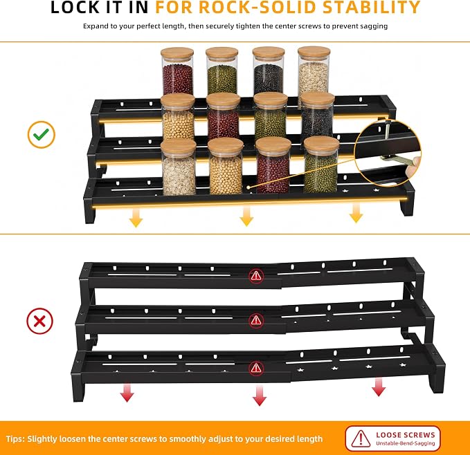 3-Tier Spice Rack Organizer 2 Pack, 13"-21.5" Expandable Spice Organization Shelf, Metal Seasoning Organizer for Kitchen Countertop or Pantry, Slip-Resistant Design for Jars and Bottles, Black