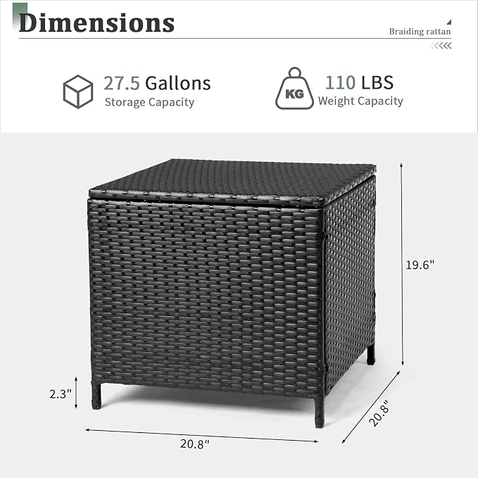 VINGLI 27 Gallon Outdoor Deck Box, Wicker Outdoor Storage Box with Lid, Small Storage Bin Container for Outside and Patio, Patio Rattan Side Table for Yard Porch (Black, Square)