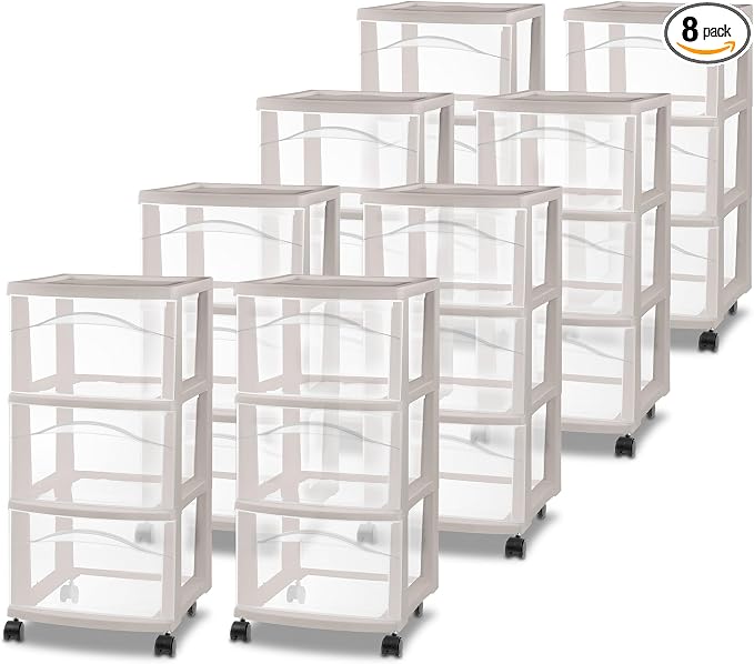 Sterilite 8 Pack 3 Drawer Storage Cart, Rolling Organization, Grey Pumice | Clear Plastic Organizer Drawers with Wheels for Craft Supplies, Bath Essentials, or Home Accessories