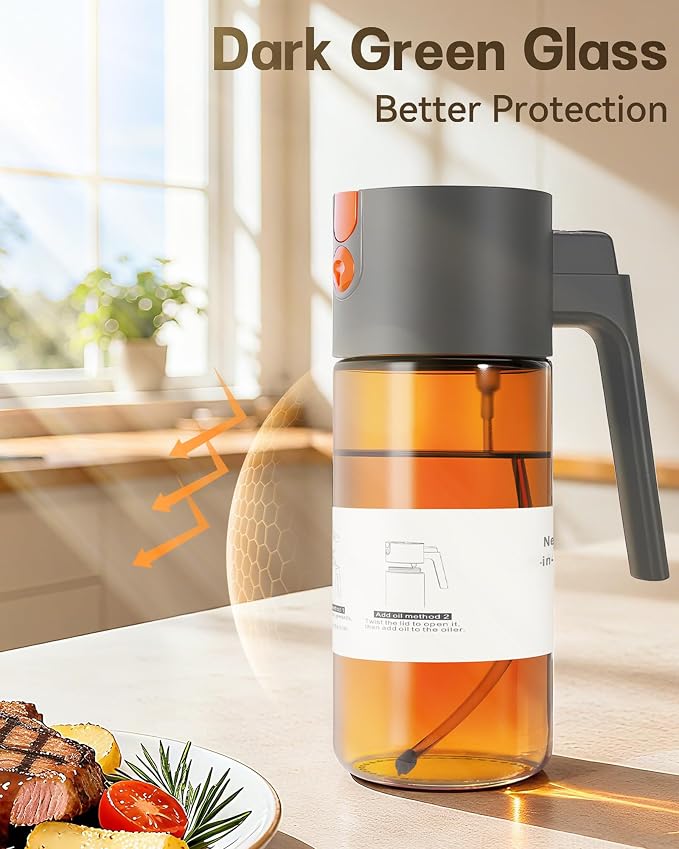 Olive Oil Sprayer & Dispenser Bottle for Cooking 17oz Dark Glass Oil Mister | 2-in-1 Sprayer & Pourer, Leakproof, Fine mist, Light-Blocking, Wide Mouth for Easy Refill & Clean, 8 Oil Labels, Reusable