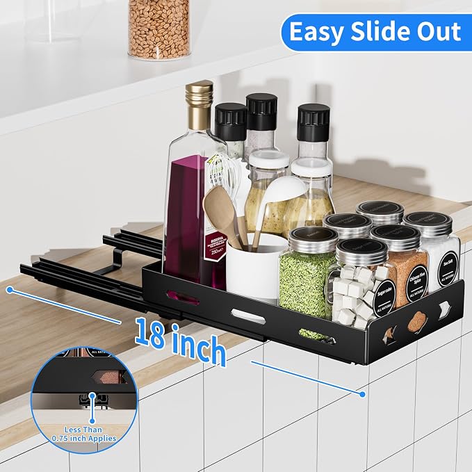 BOIVSHI Pull Out Spice Rack Organizer for Cabinet, Heavy Duty - Sliding Spice Rack, Vertical Spice Rack for Kitchen, Cabinet, Cupboard, Pantry (6.3''Wx10.5''Dx2.8''H, Metal Black)