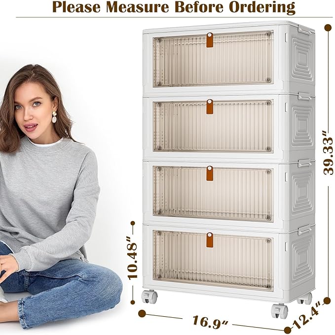 4 Tier Plastic Storage Bins with Lids 35QT, Stackable Storage Containers with Wheels, Folding Storage Boxes, Collapsible Storage Bins