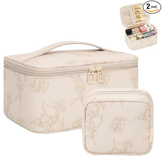 OCHEAL Makeup Bag Set, Portable Travel Makeup Bags Cosmetic Organizer Bag for Women Cute Floral Cosmetic Pouch Large Capacity Make up Bag PU Leather Toiletry Bags with Divider and Handle-Beige
