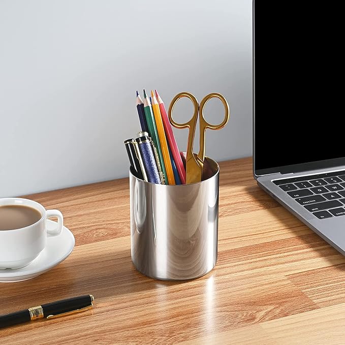 Silver Pen Holder for Desk, SUS304 Stainless Steel Heavy Duty Pen Holder Stand,Cylinder Pencil Holder,Desktop Stationery Organizer