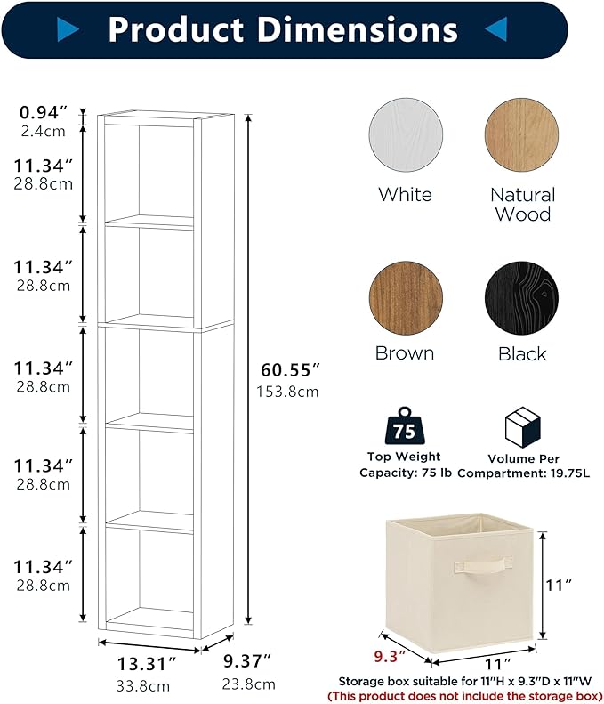 5 Cube Storage Organizer Single Row, Cube Shelf with Heavy-Duty Thick Boards, 13.31" L x 9.37" W x 60.55" H, Smooth Easy-Clean Panels, Simple Assembly, for Living Room Bedroom Office, Brown