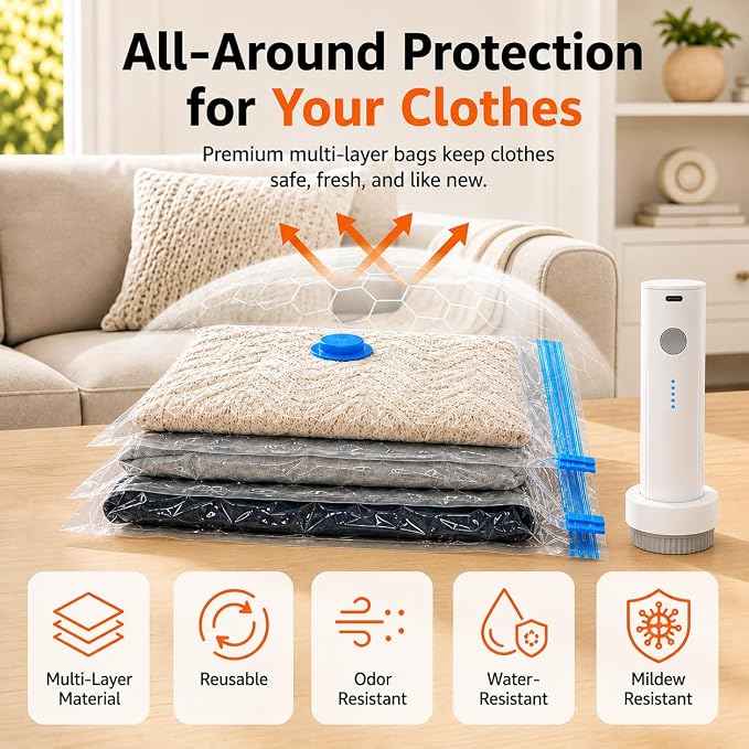 21 Pack Vacuum Bags for Travel with Rechargeable Air Pump, Carry-On Compression Bags for Luggage and Suitcase, Space Saver Storage for Clothing and Travel Organization