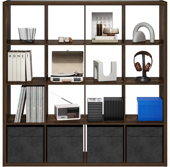 Furinno Cubicle 16-Cube Book Shelf, Extra Thick Frame Bookshelf, Amber Pine | 14.6" x 58" x 58", Reversible Bookcase with Open Back, for Living Room, Bedroom, Home Office