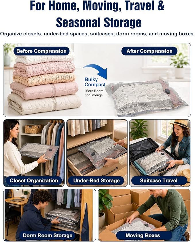 Fantictas Vacuum Storage Bags, 10 Small Space Saver Bags with Hand Pump 80% Space Saver Vacuum Seal Bags Vacuum Seal Compression Bags for Clothes, Travel Luggage, Closet, Dorm, Moving
