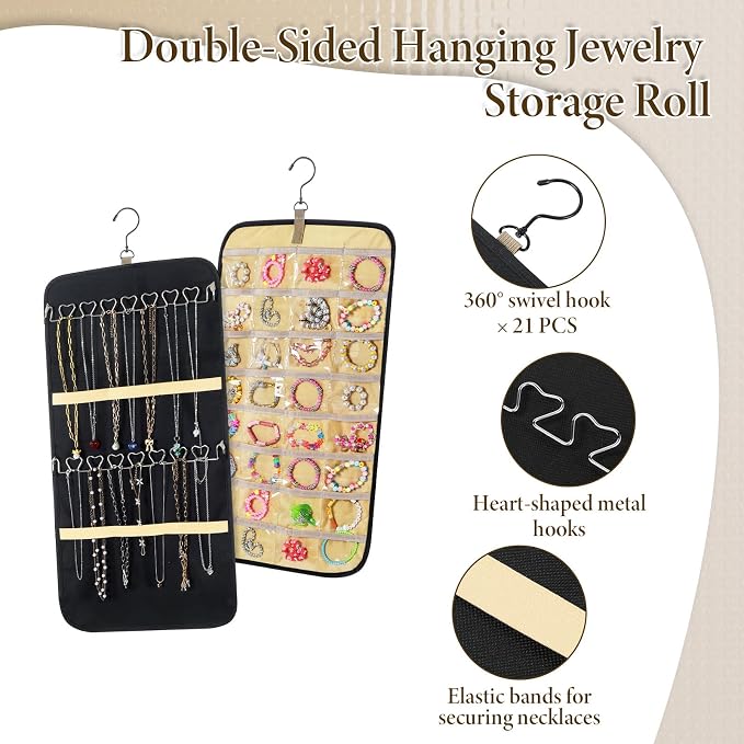 2 Pack Hanging Jewelry Organizer Storage with 32 Pockets and Hooks Dual-Sided Hanging Jewelry Organizers and Storage Hang on Closet, Wall, Door for Earrings, Necklaces, Rings,Blcak