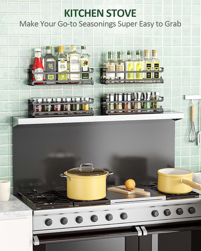 Doakhirmit Wall Mount Spice Rack, Black,4 Pack | 16 Hooks,Screw or Adhesive Installation , Hanging Organizer for Stove Cabinet Pantry Door Kitchen and RV Use