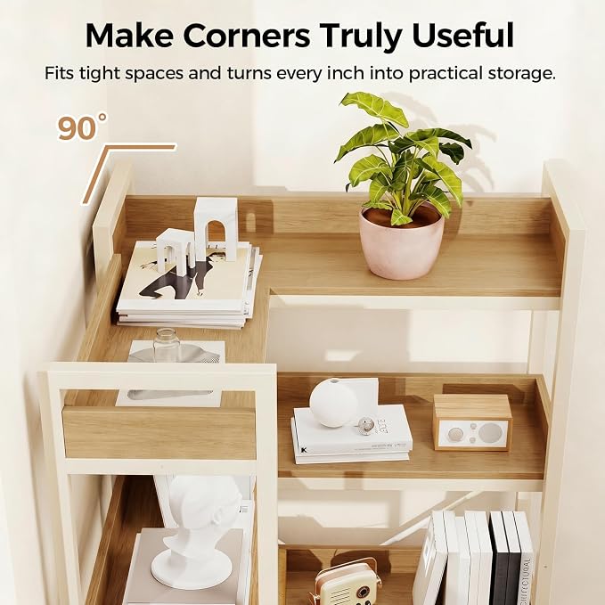 GTPLAYER 5-Tier Corner Bookshelf, L-Shaped Metal Frame Shelf with Tall 14" Shelves, Plant Stand and Storage Rack for Small Spaces, Living Room and Home Office, Light Oak