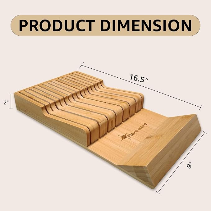 Flareware Bamboo Knife Drawer Organizer - 15-Slot In-Drawer Block for Steak & Large Knives, 2-Tier Bamboo Holder, Space-Saving Storage Organizer - (Knives Not Included)