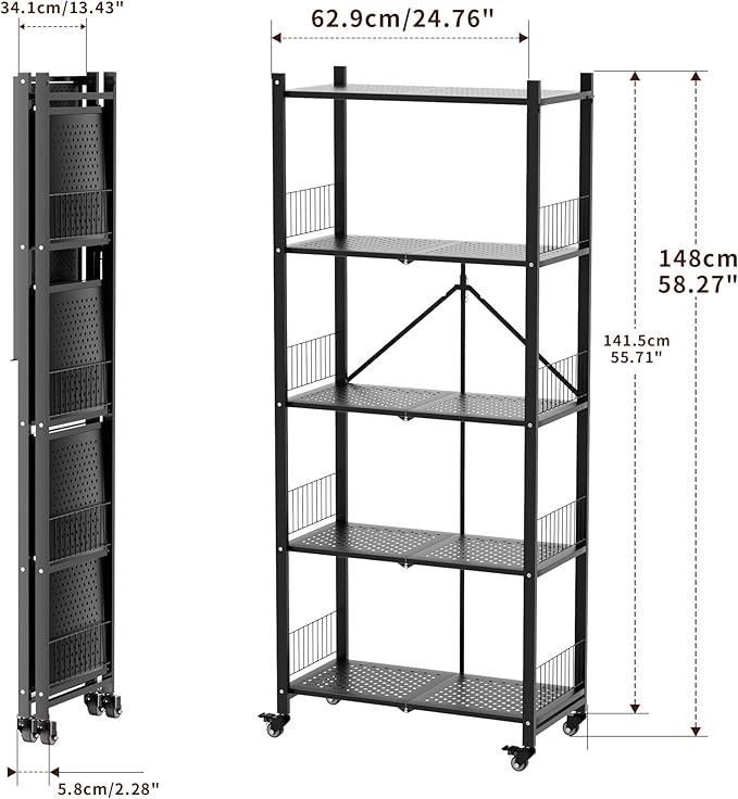 Heavy Duty Folding Shelves No Assembly, 5 Tier Metal Foldable Storage Shelves with Wheels, 220LBS Per Shelf Collapsible Rack for Garage Storage, Black