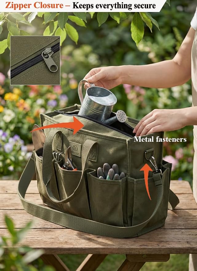 Portable Garden Tool Bag, Canvas Organizer with Adjustable Strap – Green