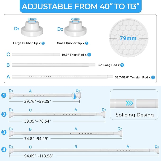 AIZESI Heavy Duty Tension Curtain Rod No Drilling, 40-113 Inch Adjustable Shower Curtain Rod for Bathroom, Window, Closet & Patio, Extra Strong Spring Tension Rod Holds Up to 26 lbs, White