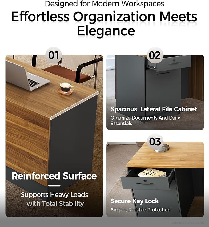 Modern L-Shaped Reception Desk with Counter - 87 inch Front Desk with Storage Cabinet, Open Shelves, Lockable Drawer & Keyboard Tray for Office, Lobby, Checkout (Dark Walnut & Iron Gray - Left)