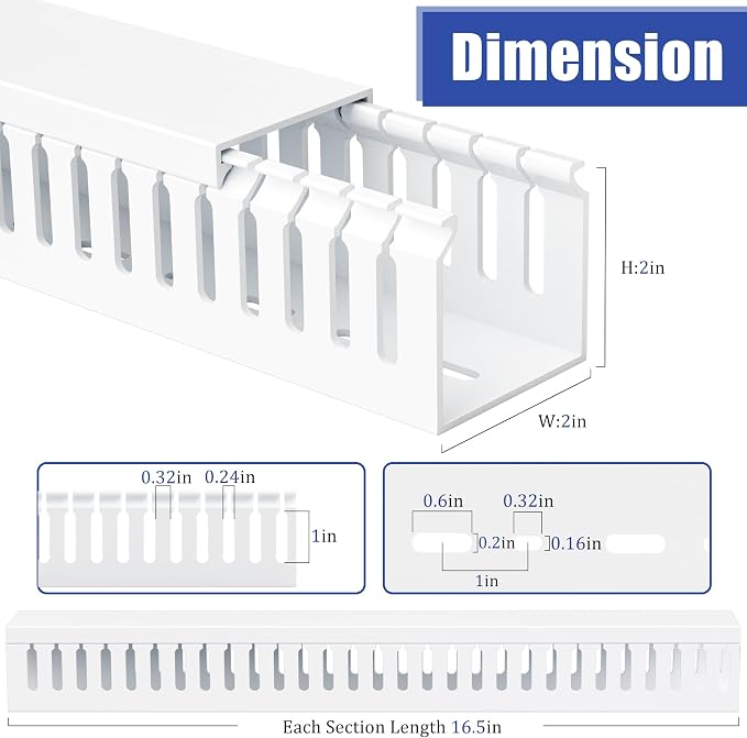 2" H x 2" W Cable Raceway, 132in Under Desk Wire Management Channel, White | Slotted Wire Duct, 8Pack, 16.5in Each, Heavy-Duty PVC Cable Management for Server Racks, Network Cables & Electrical Cabinets