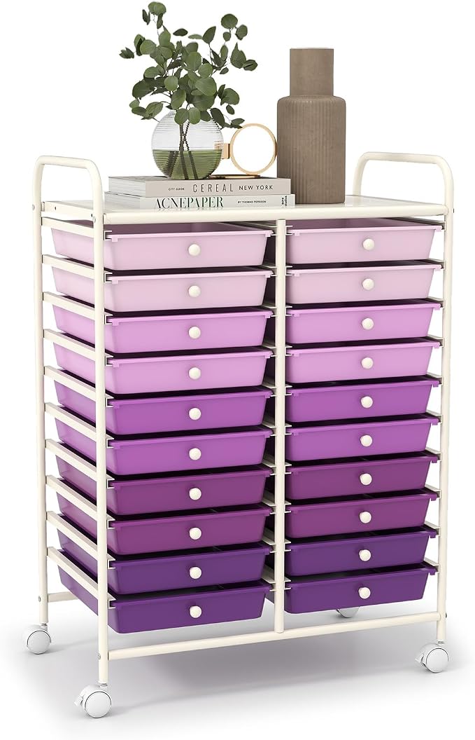 LDAILY 20-Drawer Rolling Storage Cart, Rolling Storage Cart, Storage Organizer on Wheels, Metal Frame, Scrapbook Paper Tools, Suitable for Office School, Classroom (Gradient Purple, 20 Drawer)