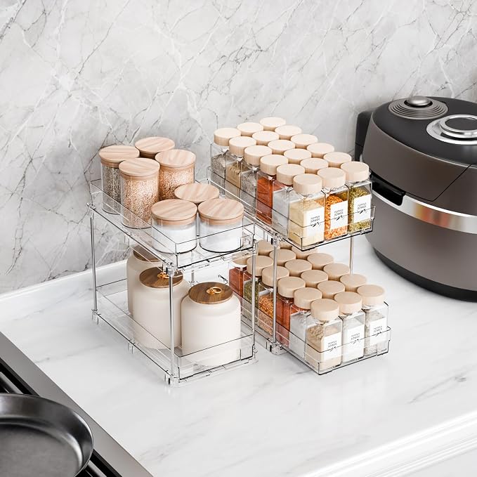 Yieach 2 Pack 2 Tier Vertical Spice Rack Pull Out,10.4'' Deep Narrow Slide Out Spice Rack Organizer for Inside Cabinets,Kitchen,Pantry,Cupboard Seasoning,Can,Jar Organizer and Medicine Cabinet Storage