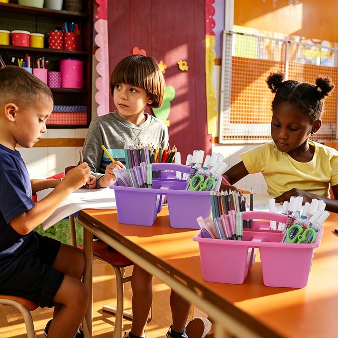 6 Pack Assorted Colors Classrooms Caddy 4 Compartment Classroom Caddy Compartment Caddies Set Table Caddies Classrooms with Handle for Classroom Organization Table Desk Office Supplies(Rainbow)