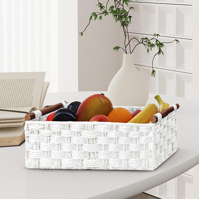Vagusicc Wicker Storage Basket, Set of 2 Hand-Woven Paper Rope Wicker Basket for Organizing with Handle Decorative Storage Bins for Counter Pantry Shelves Toilet Paper Basket for Toilet Tank Top,White