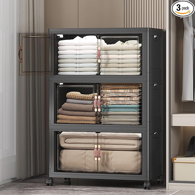 UAMFURI Stackable Storage Bins with Lids & Wheels & Door, Foldable Collapsible Closet Organizers, Extra Large Plastic Storage Drawers for Bedroom Dorm Office Garage (Dark-112QT, 3Pack with 1 top lid)