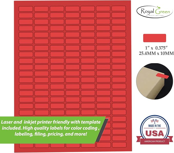 Small Rectangular Labels Printable Stickers for Injket Printers in Red, Small Matte Labels 1 inch x 0.375 inch for Laser Printers with Template Included - 1078 Pack