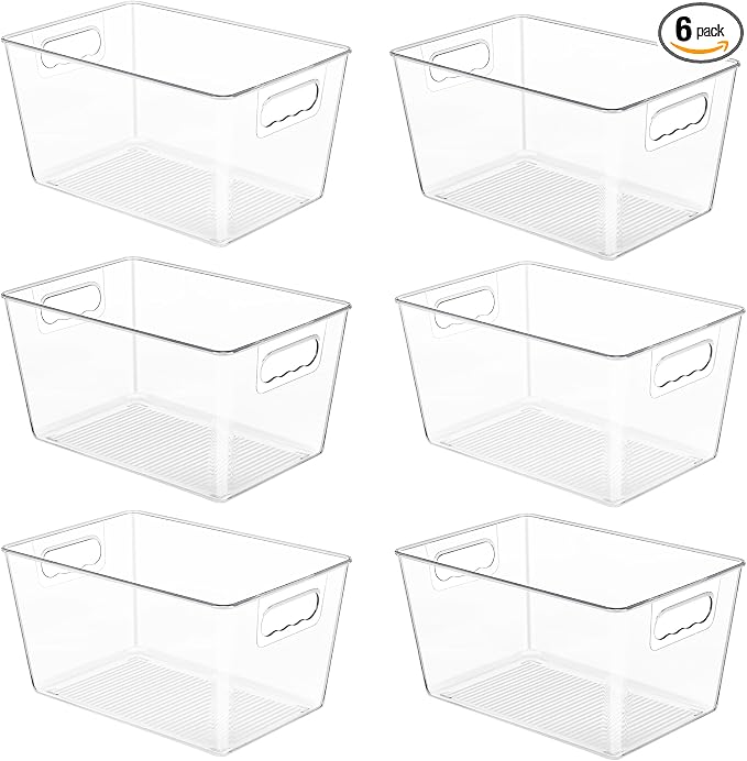 YIHONG 6 Pack Clear Pantry Organizer Bins, Plastic Containers with Handle for Kitchen,Freezer,Cabinet,Closet,Bathroom Under Sink Storage