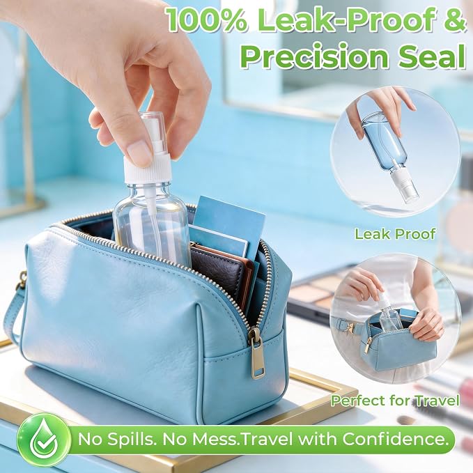JTIEO 24 Pack 2oz(50ml) Small Glass Spray Bottle, Mini Travel Size, Clear Fine Mist Refillable Bottle for Essential Oils, Perfume & Hair, with Funnel, Pipette, 24 Spray Heads and 48 Waterproof Labels.