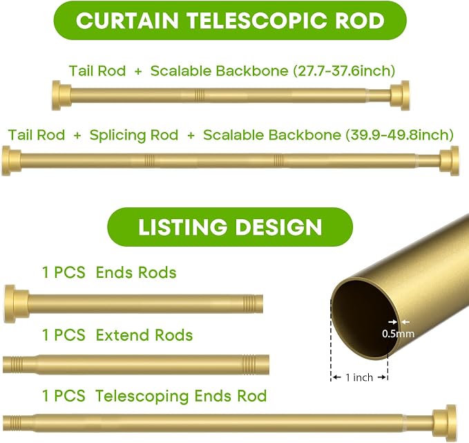 Tension Curtain Rod for Windows 28-48 Inch Curtain Rods No Drilling Gold Tension Rod Small Shower Rod Adjustable Curtain Rods for Closet, Doorway