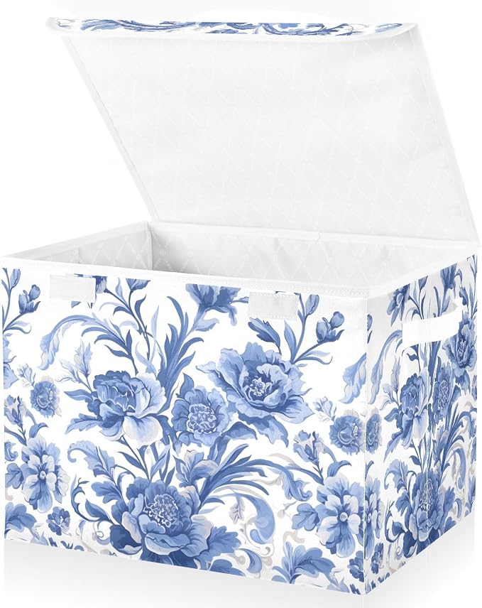 Flower Blue Lidded Storage Bins with Handles - 16.5"x12.6"x11.8" Foldable Organizing Box, Oxford Fabric & Honeycomb Board, Dust-Proof Flip Lid for Closet/Office