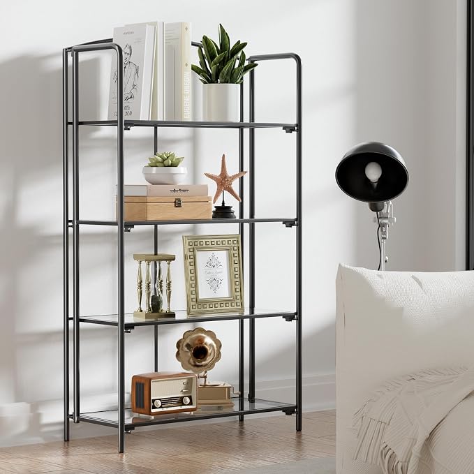 Crofy 4-Tier Wider Foldable Bookshelf, Black Frame & Transparent Shelves | No-Assembly Collapsible Portable Storage Organizer; Sturdy Transparent Shelves; Ideal for Living Room & Home Office