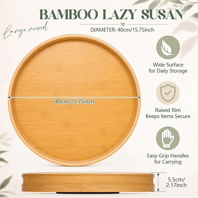 Mifoci 16 Inch Bamboo Lazy Susan Turntable, Rotating Serving Tray with Handles and Rim, Round Kitchen Countertop Organizer for Cabinet, Pantry, Dining Table