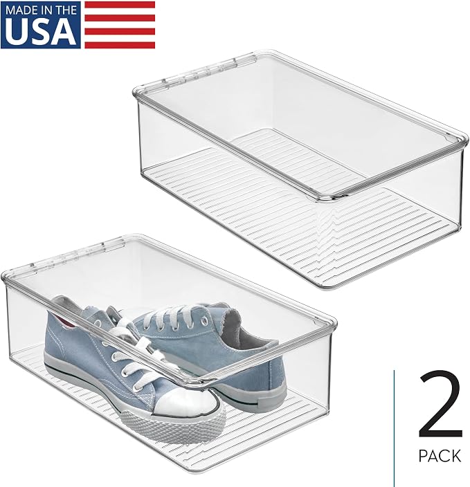 iDesign Stackable Plastic Shoe Box with Hinged-Lid, Set of 2, Clear | For Sneakers, For Sandals, For Flats