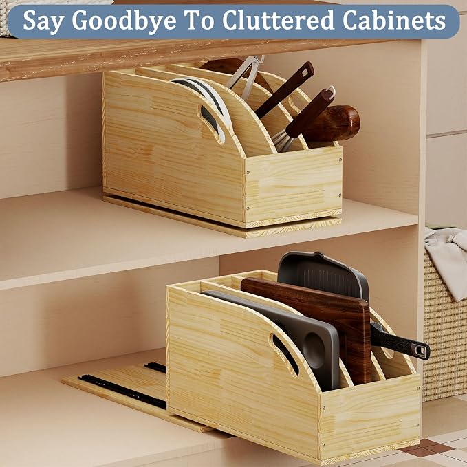 Pull Out Cookie Sheet Organizer for Cabinet, Wooden Cutting Board Organizer Rack with Vertical Tray Dividers, for Storage Pans, Baking Tray, 10.5''W X 21" D X 10.6" H